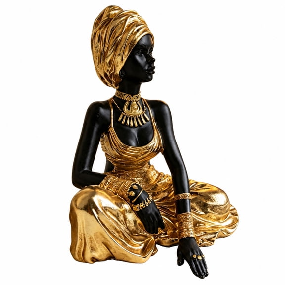 LeeQinersw African Woman Statue Resin Figurine Gold Trim 5.91 Inch Seated Sculpture for Bookshelf Console Table Home Office Decor