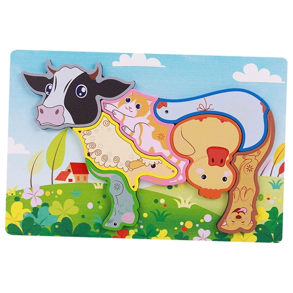 LeeQinersw Animal Puzzle Montessori Toys 3D Board Sensory Development with Animals Patterns Cow