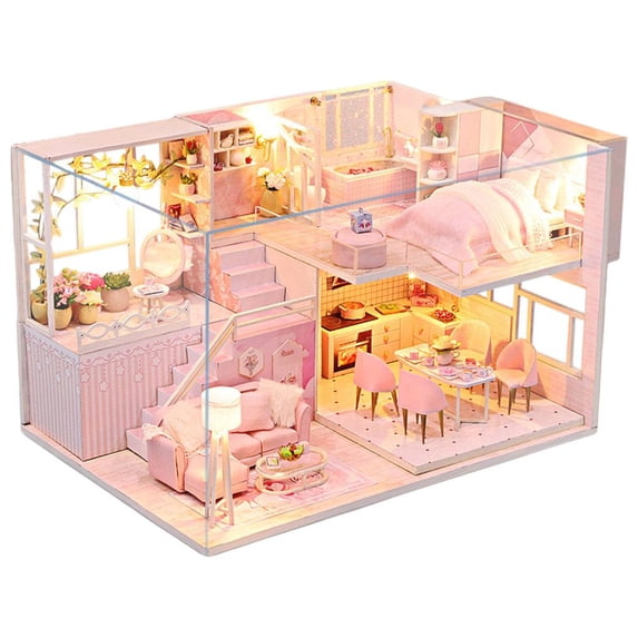 LeeQinersw Creative Self Assembled Dollhouse Cottage Model Wooden Wooden Fsolis Pink No Not