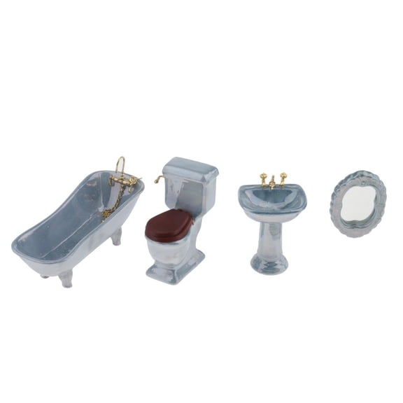 LeeQinersw Dollhouse Miniature Ceramic Bathroom Set 1:12 Scale Model, Including Bathtub, Toilet, Basin And Mirror (4PCS), Dollhouse Decorations Kit