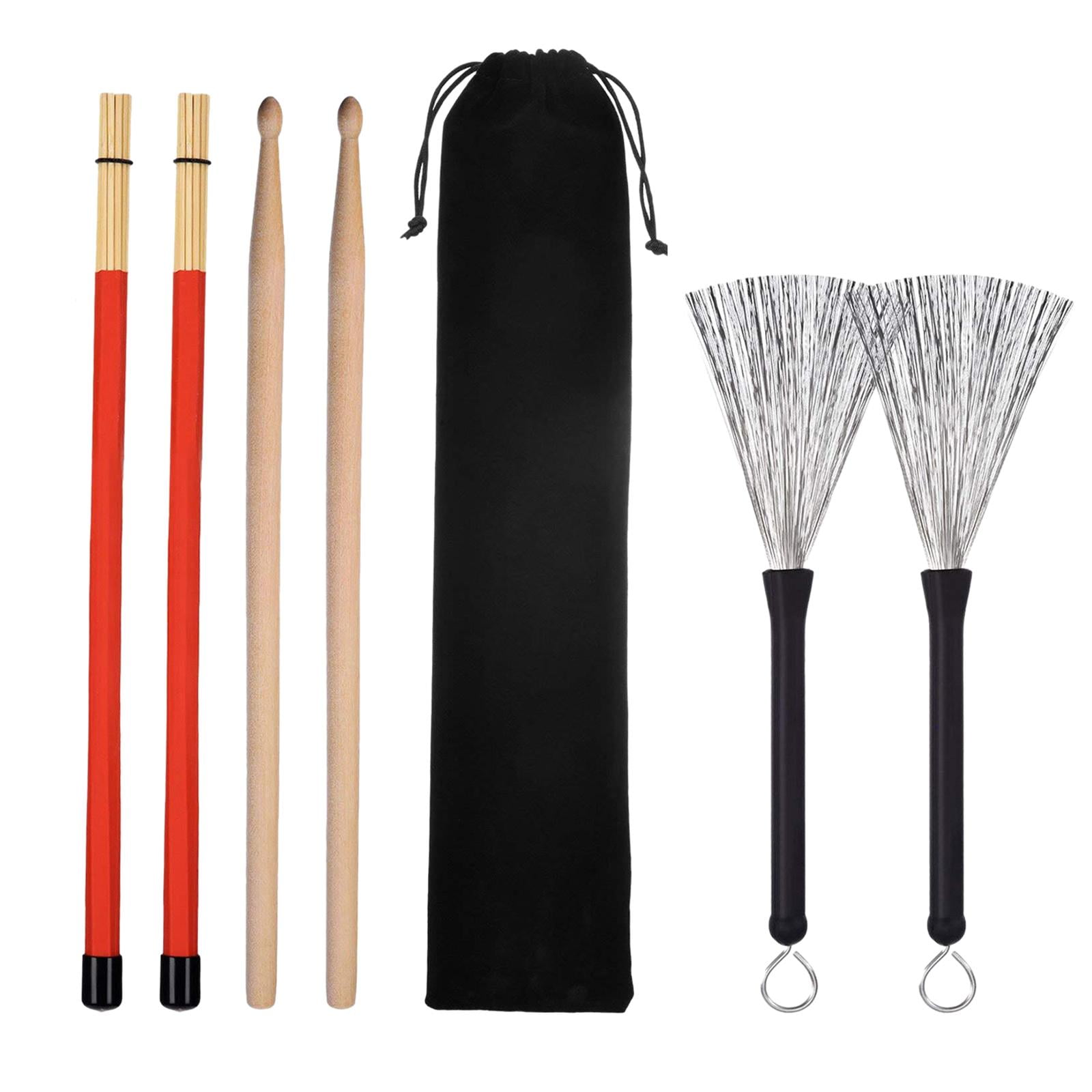 LeeQinersw Drumsticks Set and 1 Pair Rods Drum Brushes Comfortable Handles with Storage Bag