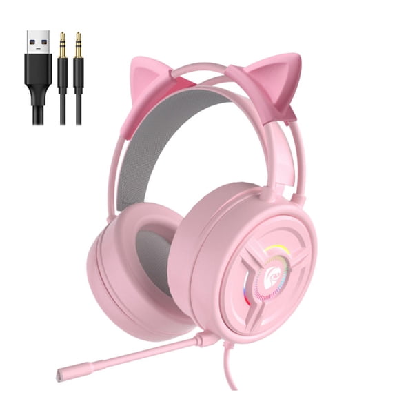 LeeQinersw Gaming Headset Headphones LED Light Soft Earmuffs for PC Laptop Pink Cat Ear