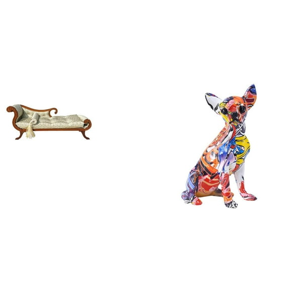 LeeQinersw Miniature Wooden Sofa Bed and Colorful Dog Statue Sculpture Puppy Craft Multicolor Collectible Realistic Animal Ornament Chihuahua Figurine for Dollhouse Living Room