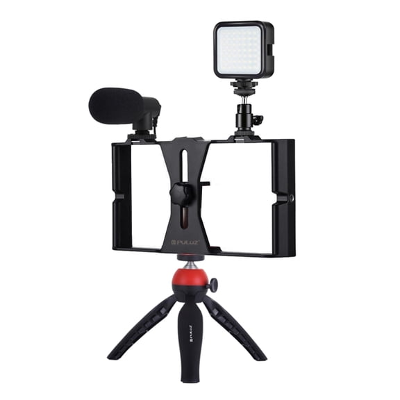 LeeQinersw Smartphone Video Rig Kit Smartphone Video Grip with Microphone + Video Light + Tripod Head + Mini Tripod Red
