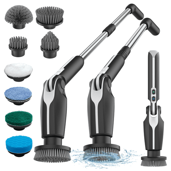 Leebein Electric Spin Scrubber, Upgraded Electric Scrubber for Cleaning, Spin Scrubber with Long Handle & 8 Replaceable Brush Heads,for Bathroom, Floor(Black)