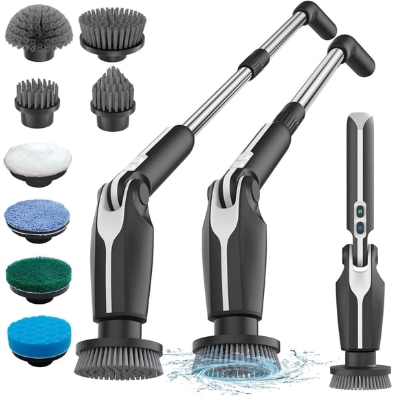 Leebein Electric Spin Scrubber, Upgraded Electric Scrubber for Cleaning, Spin Scrubber with Long Handle & 8 Replaceable Brush Heads,for Bathroom, Floor(Black)