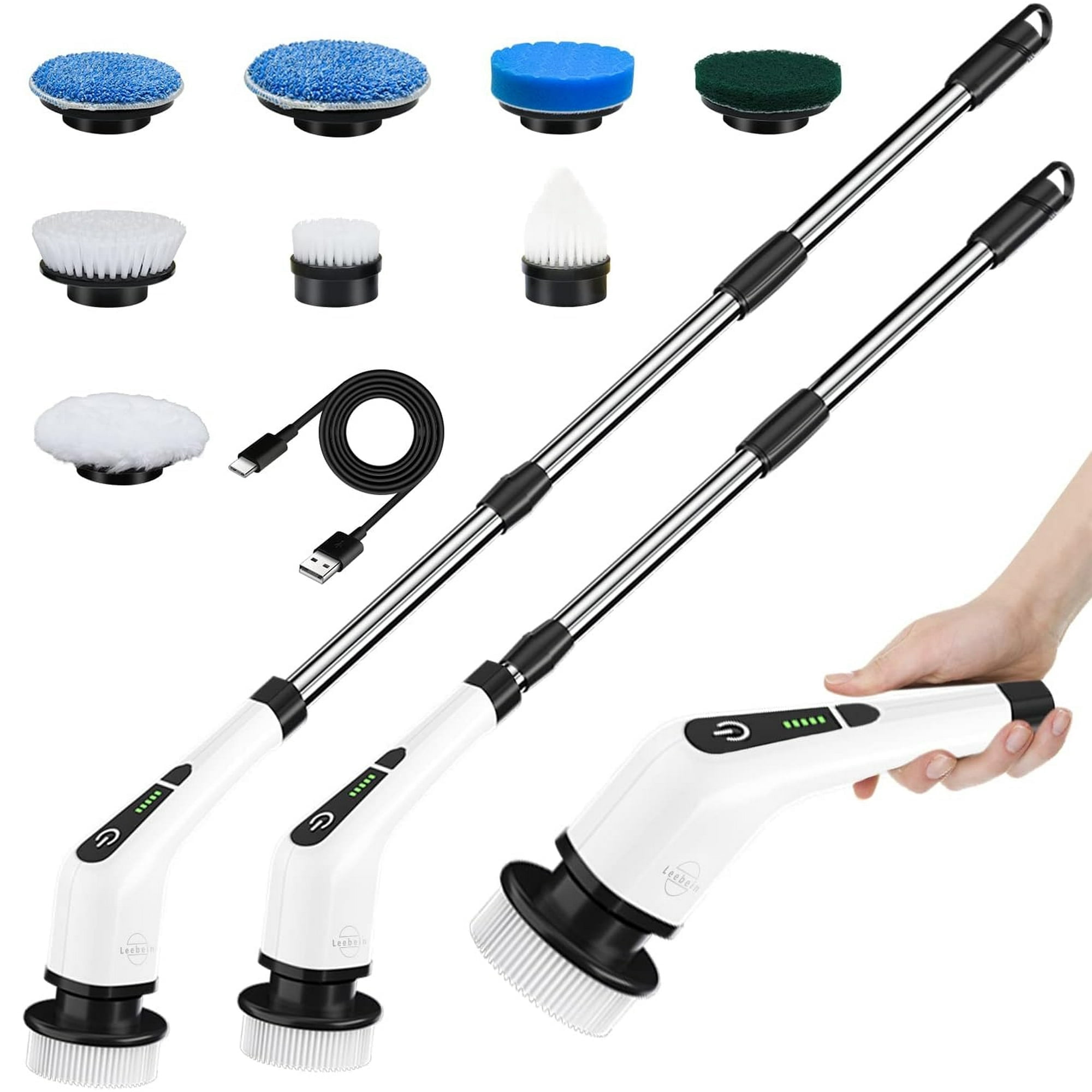 Leebein Electric Spin Scrubber, Cordless Cleaning Brush with 8 Replaceable Brush Heads, Power Scrubber with Adjustable \u0026 Detachable Handle for Bathroom Kitchen Car,White