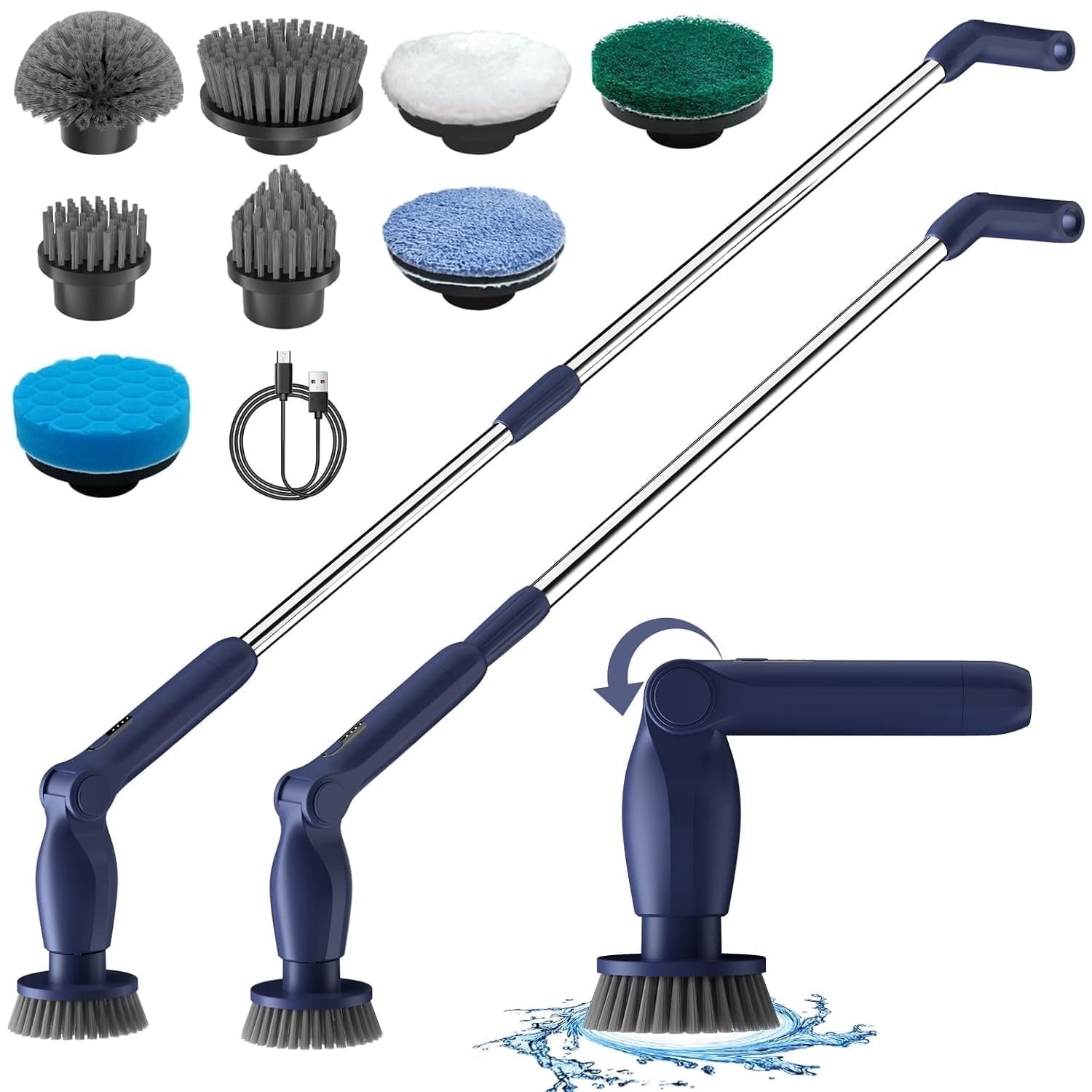 Leebein Electric Spin Scrubber, Cordless Cleaning Brush with 8 Replaceable Brush Heads,Extension Handle,Blue Power Cleaning Scrub for Bathroom,Floor Tile,Car