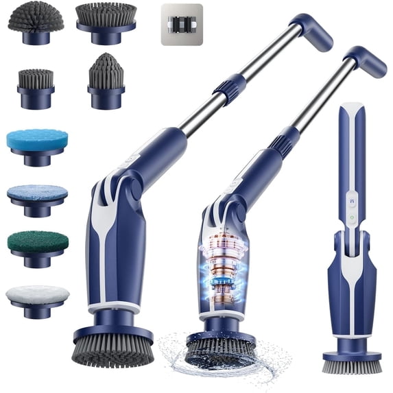 Leebein Electric Spin Scrubber Blue Cordless Cleaning Brush with Extendable Handle and 8 Brush Heads