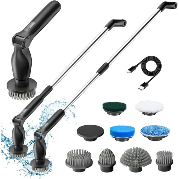 Leebein Electric Spin Scrubber, Power Cleaning Scrub with 8 Replaceable Brush Heads, Shower Cleaning Brush for Bathroom,Floor Tile,Car,Black
