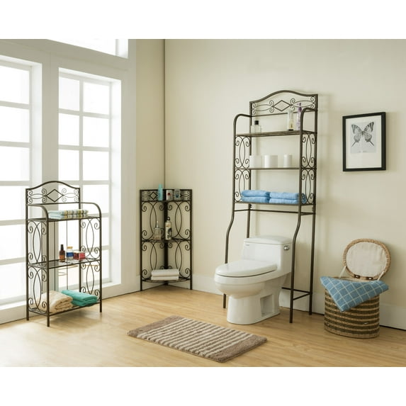 Leeds 3 Piece Transitional Bathroom Storage Shelving Set, Pewter Metal