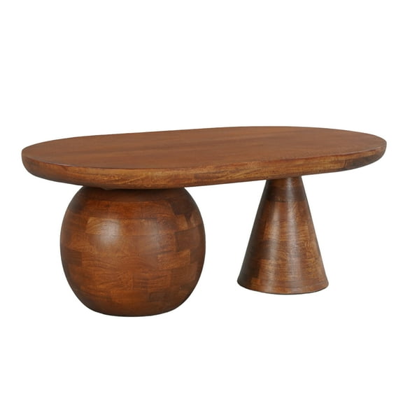 Leeds Coffee Table | 38" Handmade Walnut Brown Mango Wood Oval Top | Round Ball and Cone Base
