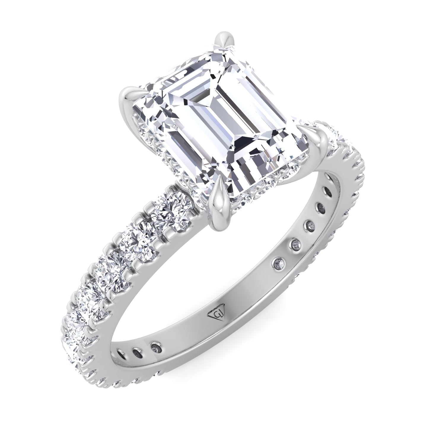 Leeds Emerald Cut Diamond Engagement Ring with Hidden Halo and Sidestones