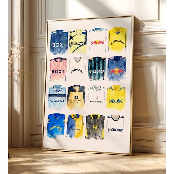 Leeds United Watercolour Retro Kits, Football Club Poster, Unframed Paper Poster 8x10in