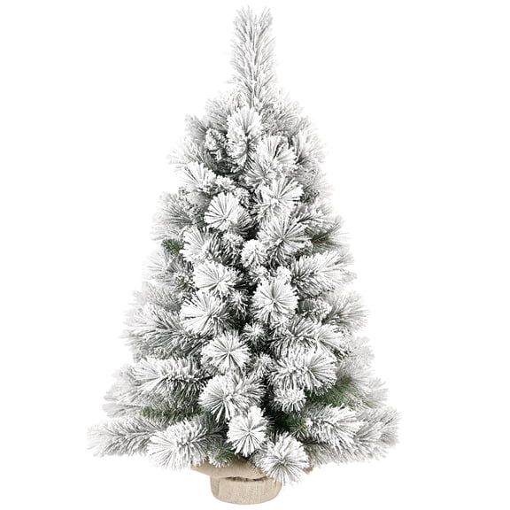 Leeheeyee 2.5ft Unlit Flocked Pine Christmas Tree, 99 Fluffy Snowy Tips, Burlap Base, Rustic Farmhouse Mini Mantel & Shelf Decor
