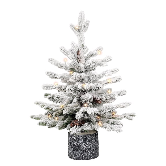 Leeheeyee 2ft Flocked Prelit Tabletop Christmas Tree, 189 PE/PVC Tips, 30 Warm LED Lights, Pinecones & Wood Stump Base