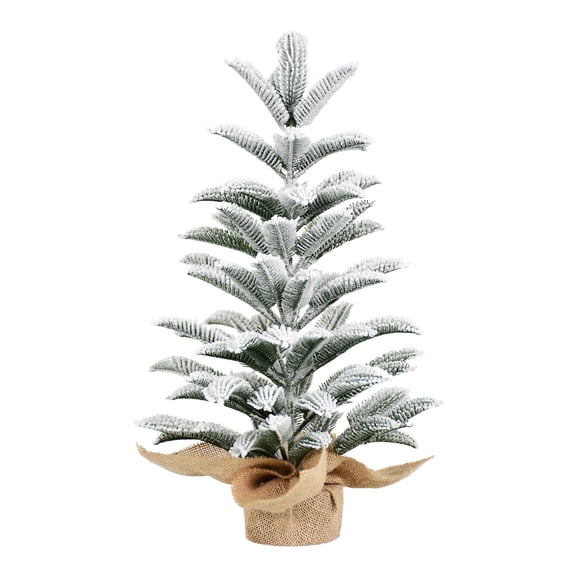 Leeheeyee 2ft Unlit Flocked Fir Christmas Tree, Layered PE Branches, Rustic Burlap Base, Snowy Farmhouse Mantel & Shelf Decor