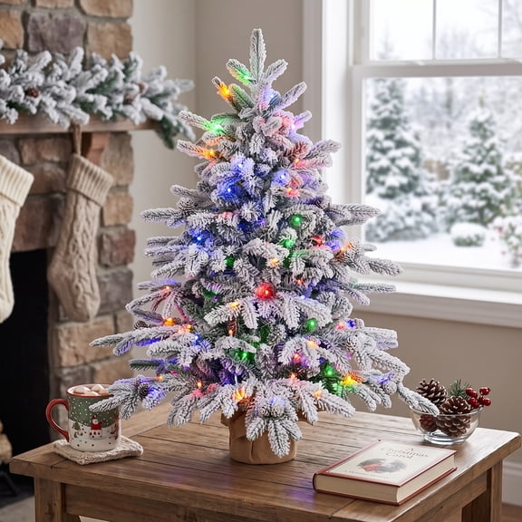 Leeheeyee 3ft Prelit Flocked Tabletop Christmas Tree, 528 PE/PVC Tips, 100 Colorful LED Lights, Burlap Base