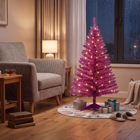 Leeheeyee 4FT Pink Small Christmas Tree, Mini Artificial Xmas Trees with 50 Lights for Home Office