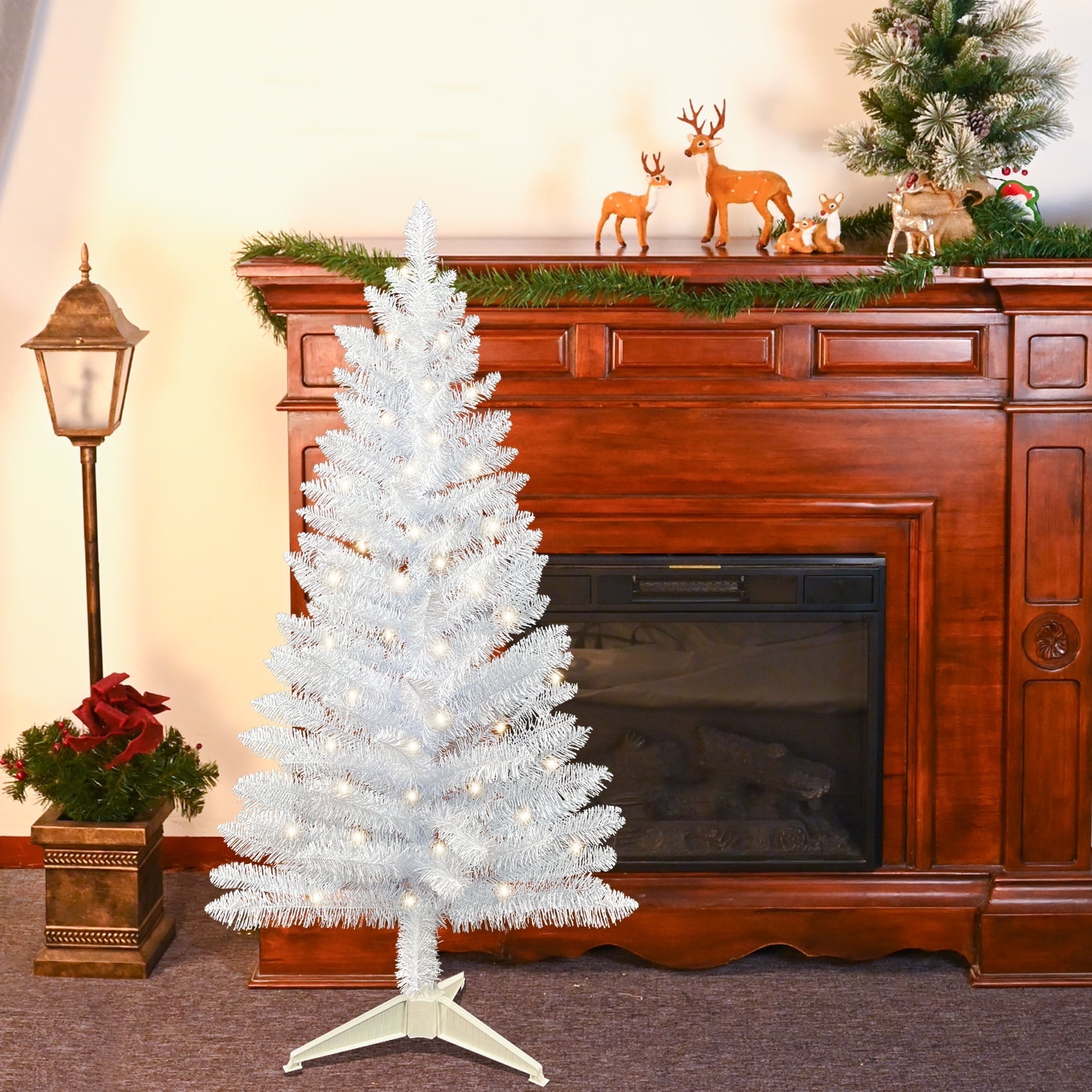 Leeheeyee 4Ft PreLit White Christmas Tree Holiday Decorations W/White Tinsel and Lights, Ideal
