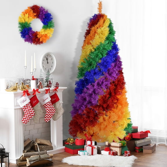 Leeheeyee 6ft Unlit Rainbow Christmas Tree, 1248 Lush Tips, Colorful Spiral Swirl Design, White Foldable Stand, Whimsical Holiday Party Decor