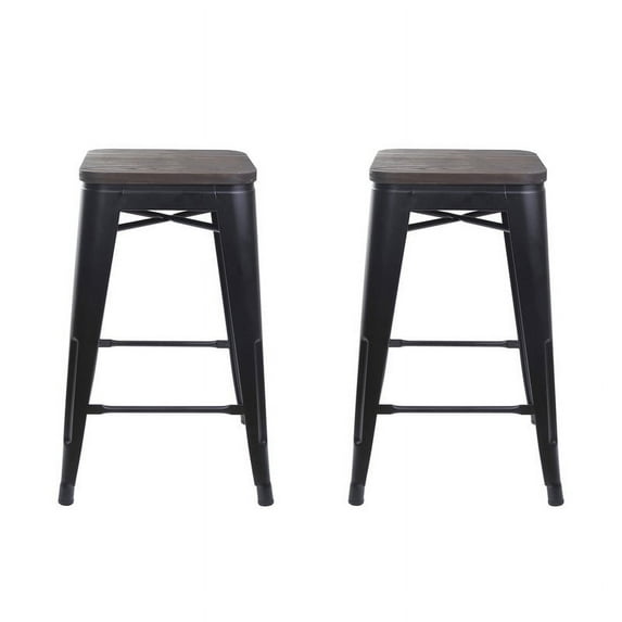 Leejay 24 inch Black Backless Metal Bar Stool with Wood Seat, Set of 2