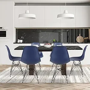 Leejay 7 Piece Kitchen Table Set,Rectangular Wood Dining Table and Blue Plastic Dining Chairs With Wood Legs,Set of 6