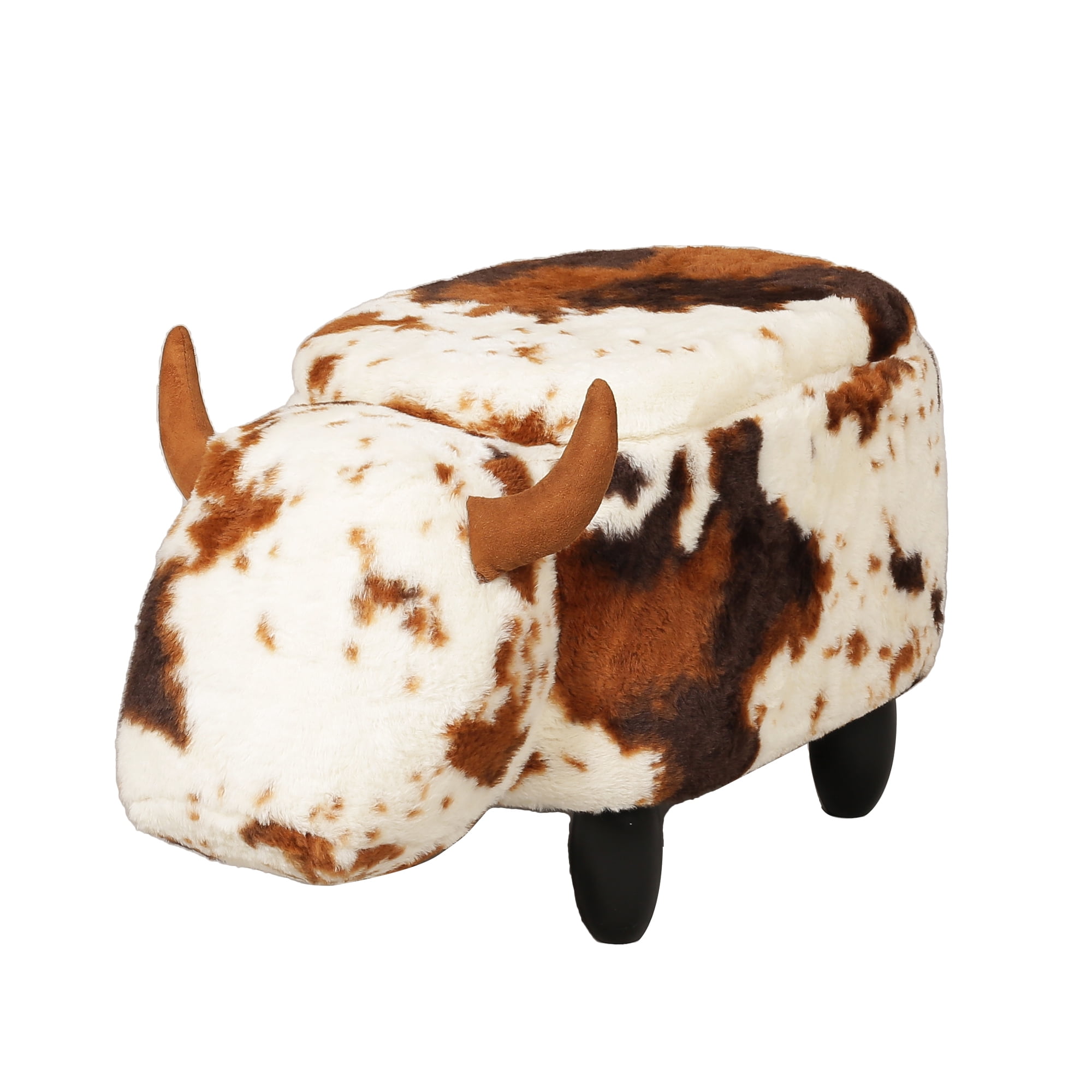 Leejay Brown Cow Furry Animal Ottoman with Wooden Foot Storage Upholstered Stool for Kids Room Walmart