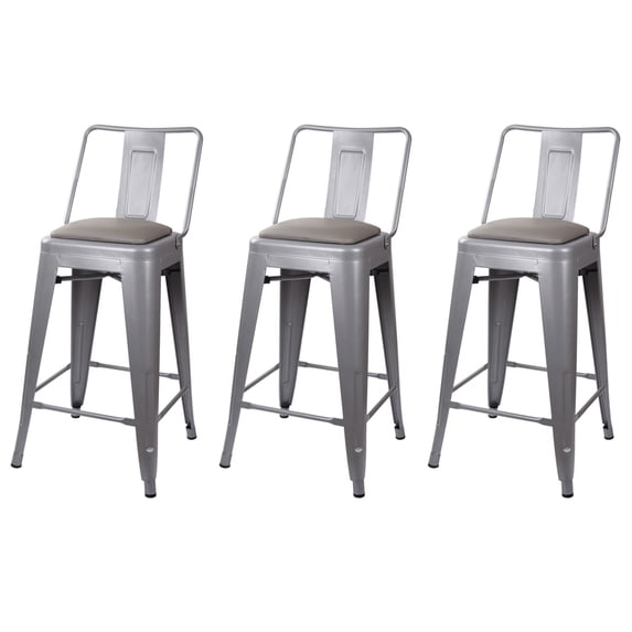 Leejay Gray 24 inch High Back Metal Barstool with Gray Vegan Leather Seat,Set of 3