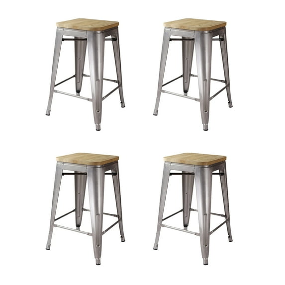 Leejay Gunmetal 24 inch Counter Height Metal Barstool with Light Wood Seat, Set of 4