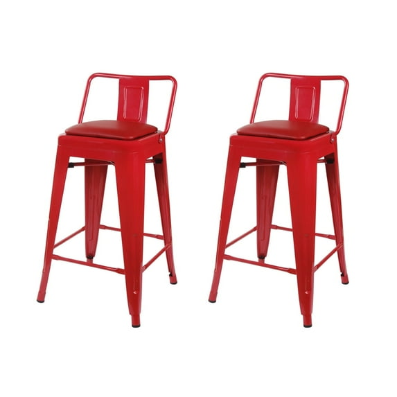 Leejay Red 24 inch Low Back Counter Height Metal Barstool with Red Vegan Leather Seat, Set of 2