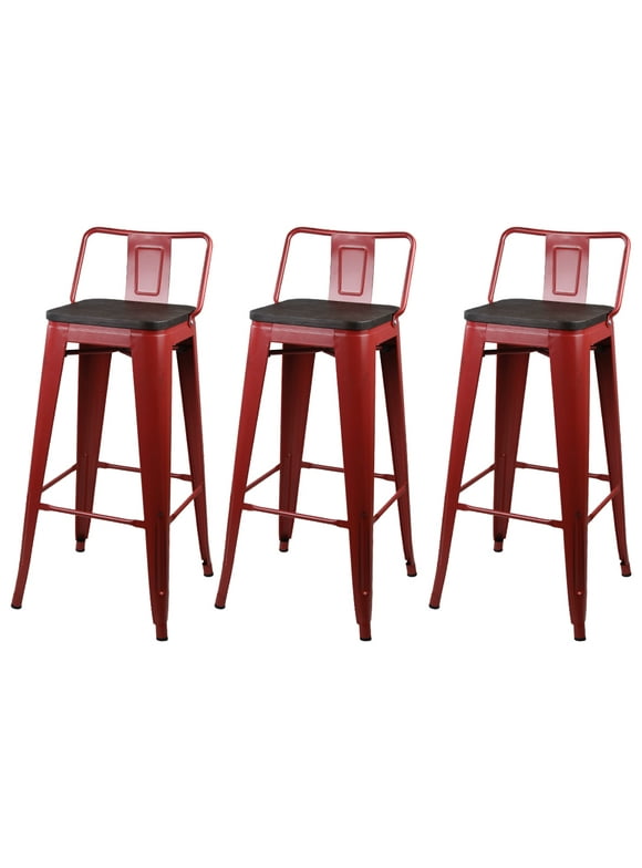 Leejay Red 30 inch Low Back Counter Height Metal Barstools with Wood Seat, Set of 3