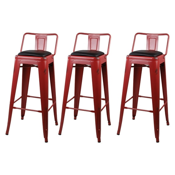 Leejay Salmon Red 30 inch Low Back Metal Barstool with Vegan Leather Seat, Set of 3