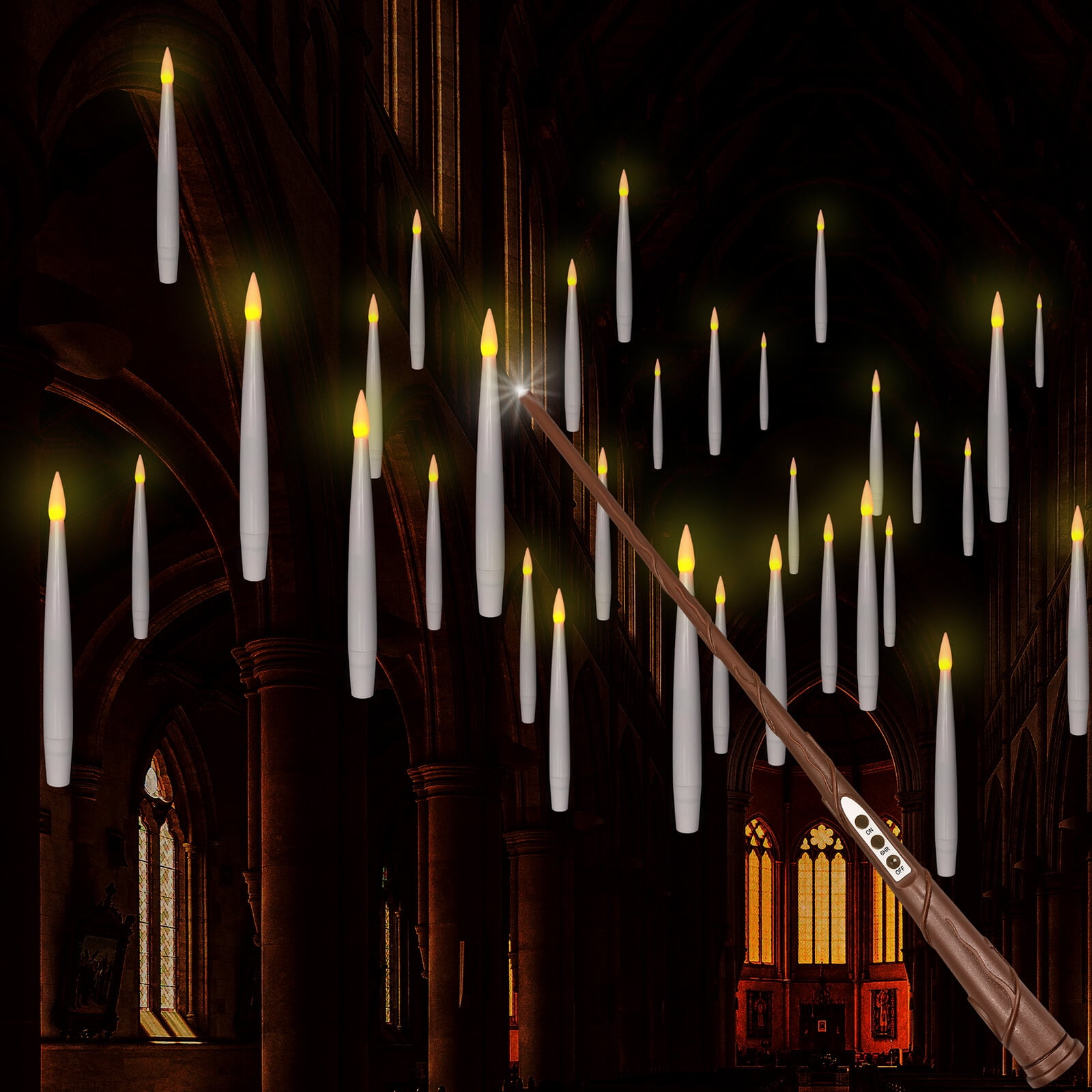 Leejec 6.1" 20pcs Floating Flameless Candles with Wand Remote and Timer, Hanging White LED Taper Candles in Flickering Warm Light, Battery Operated, Halloween Christmas Theme Party Window Décor