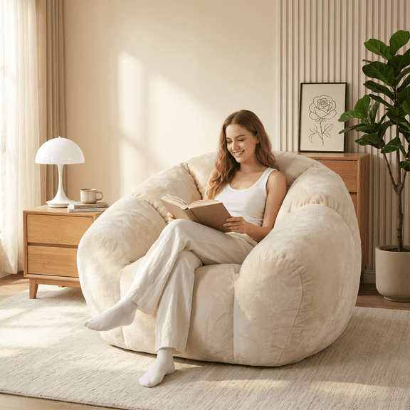 Leekaeiio Bean Bag Chair with Ergonomic Shell Backrest, 400lb Capacity, Ice Velvet Fabric & 26lb Foam – for Living Room, Bedroom, Dorm, Beige