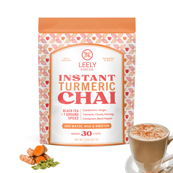 Leely Chai Instant Turmeric Chai , Just Add Hot Water & Milk - Makes 30 Cups - 2 Ounce Turmeric Spiced Chai Powder - No Steeping or Brewing, Dissolves Instantly