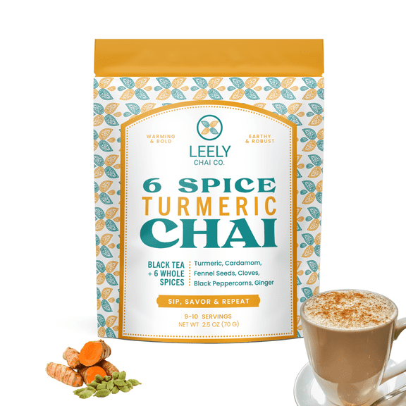 Leely Chai Turmeric Masala Chai, Immunity Support, Loose Leaf Organic Assam Black Tea with Organic Turmeric & Whole Spices. Small Batch, Authentic Brew or Steep- 2.5 OZ, 10 Cups
