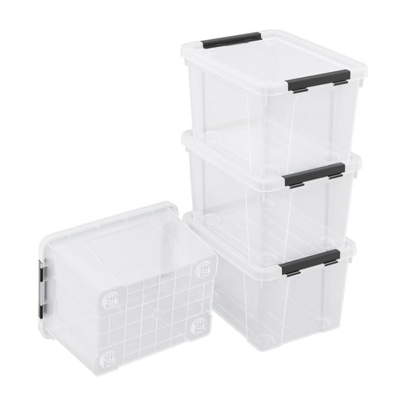 Leendines 22 Quart Stackable Storage Bin with Latching Lid, 4 Pack Clear Plastic Storage Box on Wheels