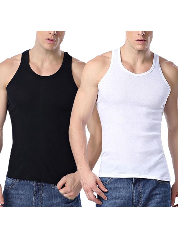 2PC Men's Cotton Tank Top Sleeveless Tee Round-Neck Summer Tshirt