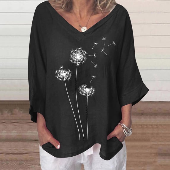 Leesechin 3/4 Length Sleeve Womens Tops Deals Cotton Tops for Women Summer V-Neck Short Sleeve Print Plus Size T-shirt Blouse in Clearance