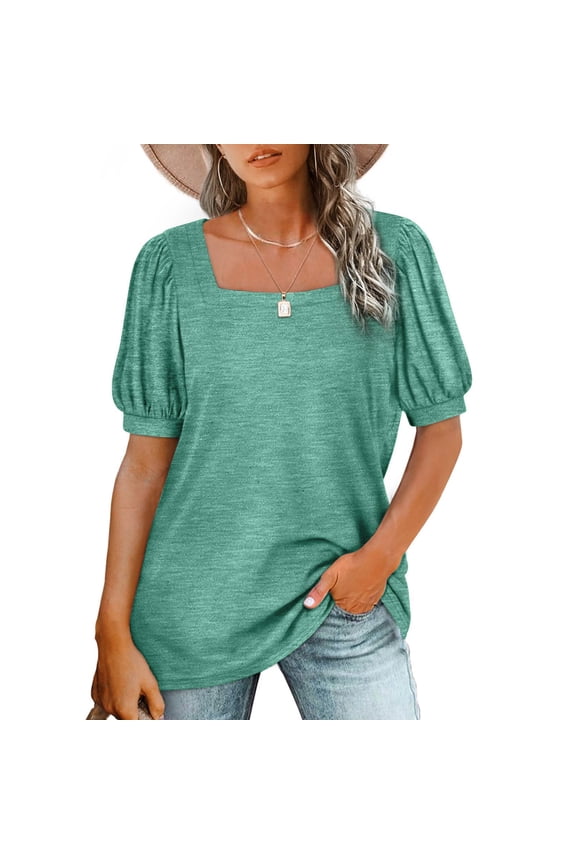 Back to School Junior Loose Short Sleeve Square Neck Solid Blouse T-shirt Tunic Tops