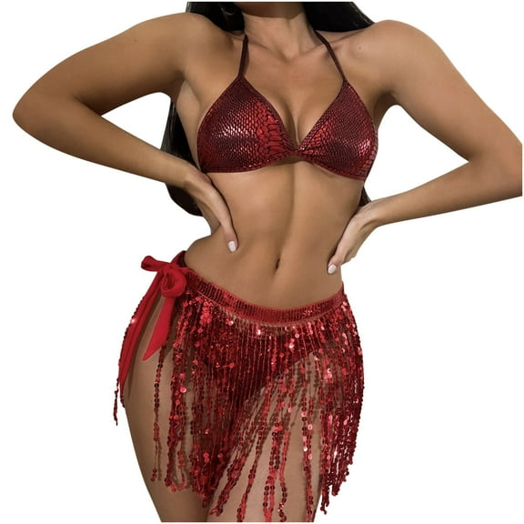 Leesechin Bikini Sets for Women Ladies Bikini Split Swimwear Tassel Sequin Swimwear Three-piece Swimwear Red S