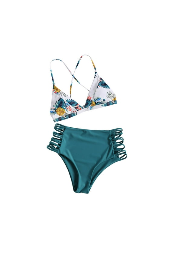 Leesechin Bikini for Women Ladies Pineapple Print Bikini Set Push-Up Swimsuit Beachwear Padded Swimwear Blue S