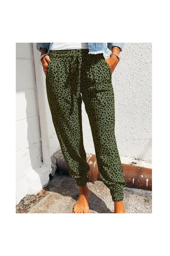 Leesechin Black Pants for Women Casual Summer Leopard Print Trousers Bottoms Athletic Trousers