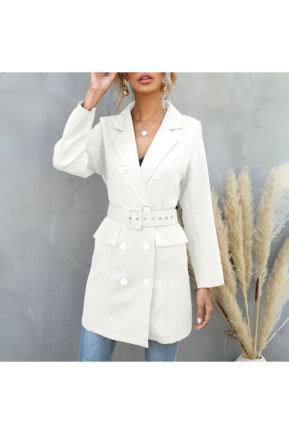 Leesechin Blazers for Women Plus Size Lapel Solid Color Long Sleeve Buttoned Long Belted Blazer Coat
