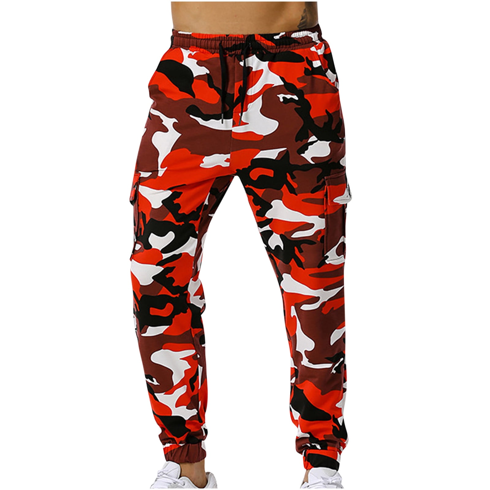 Leesechin Camo Pants for Men The New Casual Khakis Patchwork Lace up Elastic StrapFull Length Pants Clearance Red L