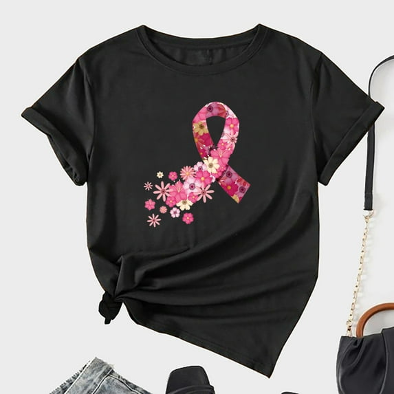 Leesechin Cancer Shirts Women Pink Ribbon Graphic Tee Cure Breast Cancer Awareness Tshirt Inspirational Short Sleeve Tops Black