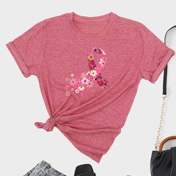 Leesechin Cancer Shirts Women Pink Ribbon Graphic Tee Cure Breast Cancer Awareness Tshirt Inspirational Short Sleeve Tops Pink