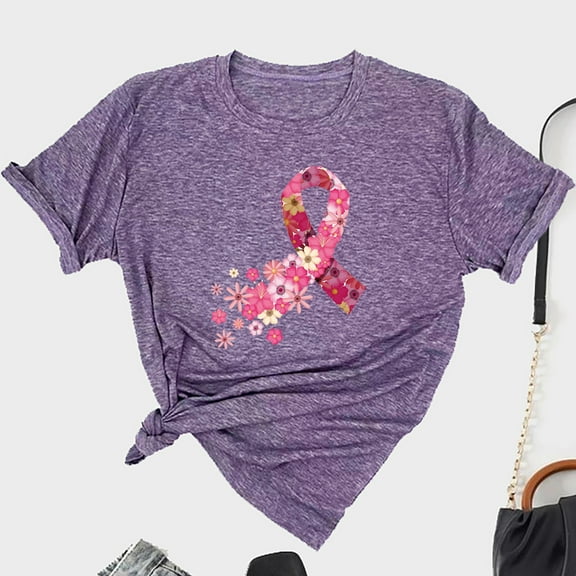 Leesechin Cancer Shirts Women Pink Ribbon Graphic Tee Cure Breast Cancer Awareness Tshirt Inspirational Short Sleeve Tops Purple