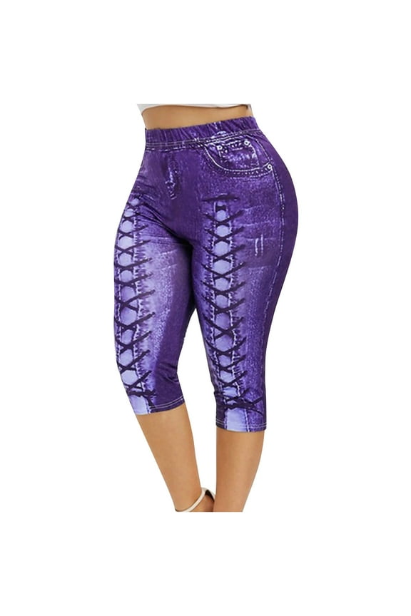 Leesechin Capri Pants for Women Ladies Chaming and Gentle Large Digital Printed Denim Sports Leggings Yoga Pants